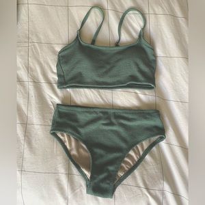 Kona Sol Textured Longline Bikini Top + Mid Rise Bottom, Moss Green, Medium